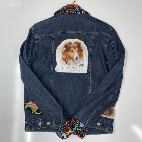 Custom Embellished Jean Jacket Dog Lovers Dark Wash Sheltie Spaniel Horse Small - Picture 7 of 12